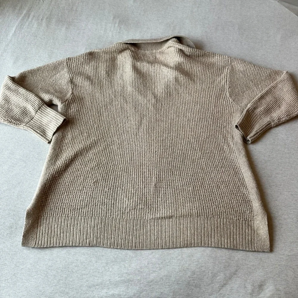 Aerie Womens XS Oversized Waffle Knit Polo Sweater‎ Tan V-Neck Long Sleeve